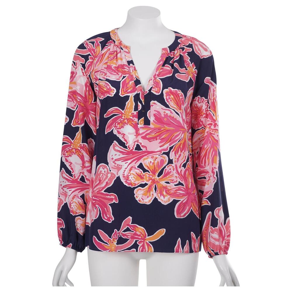 Lilly Pulitzer Silk Top XXS Navy Blue Pink Floral Via Sunny Long Sleeve Pullover